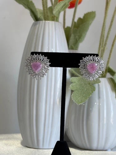 Pink & Green Stone Halo Stud Earrings Silver Tone CZ Statement Jewelry