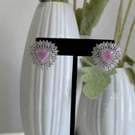 Pink & Green Stone Halo Stud Earrings Silver Tone CZ Statement Jewelry
