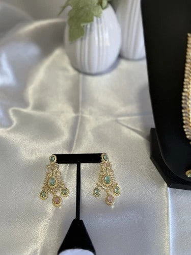 Gold Tone Mint Pink CZ Necklace Earrings Tikka Pakistani Jewelry Set