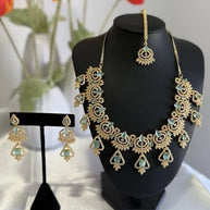 Mint Green CZ Necklace & Earrings Set Silver Tone Pakistani Jewelry