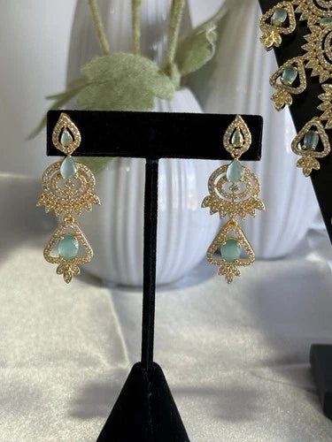 Mint Green CZ Necklace & Earrings Set Silver Tone Pakistani Jewelry