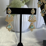 Mint Green CZ Necklace & Earrings Set Silver Tone Pakistani Jewelry