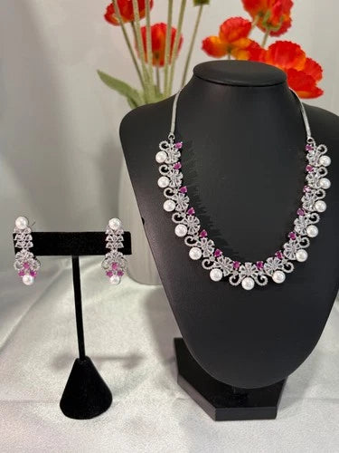 Pink Pearl CZ Silver Tone Necklace Earrings Set Indian Pakistani Bridal Jewelry