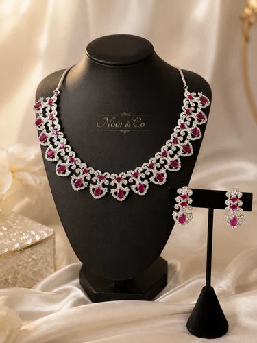 Ruby-toned American Diamond necklace and earring set