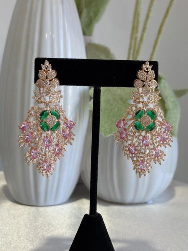 Green Pink CZ Gold Tone Chandelier Earrings Pakistani Indian Bridal Jewelry