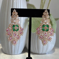Green Pink CZ Gold Tone Chandelier Earrings Pakistani Indian Bridal Jewelry