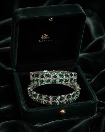 Emerald Green Silver Tone CZ Bangle Set Indian Pakistani Bridal Jewelry