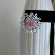 Pink Stone CZ Silver Tone Halo Stud Earrings Pakistani Indian Jewelry