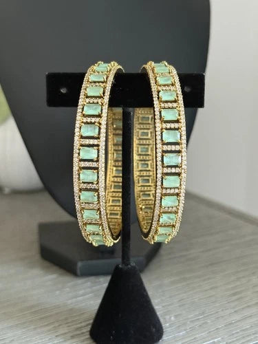 Mint Green CZ Gold Tone Bangle Bracelet Set of 2 Indian Pakistani Jewelry 2.10
