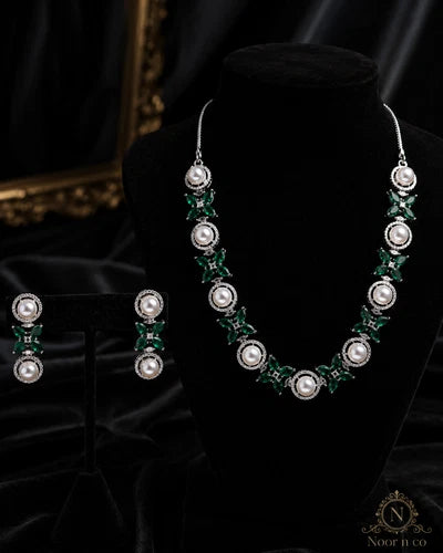 Emerald Green Pearl CZ Silver Tone Necklace Earrings Set