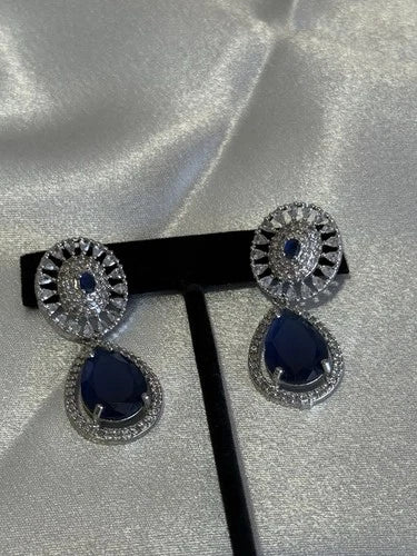 Sapphire Blue CZ Teardrop Earrings Silver Tone Party Jewelry