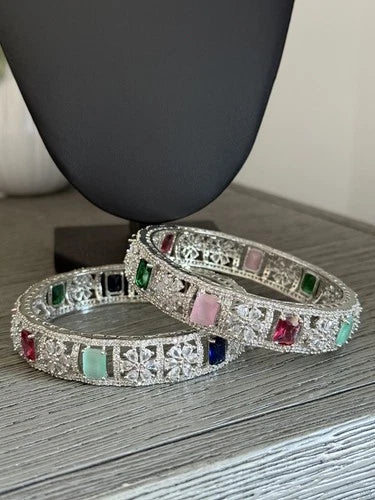Multicolor CZ Silver Tone Bangle Bracelet Set of 2 Indian Pakistani Jewelry 2.10