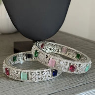 Multicolor CZ Silver Tone Bangle Bracelet Set of 2 Indian Pakistani Jewelry 2.10