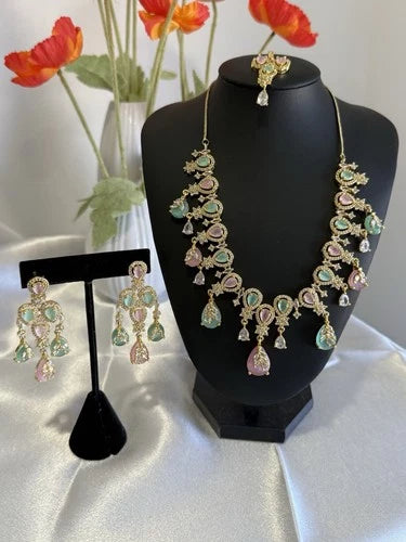 Pastel Pink Mint Gold Tone Necklace Earrings Tikka Pakistani Jewelry Set