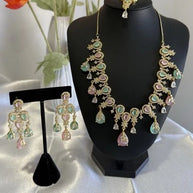 Pastel Pink Mint Gold Tone Necklace Earrings Tikka Pakistani Jewelry Set