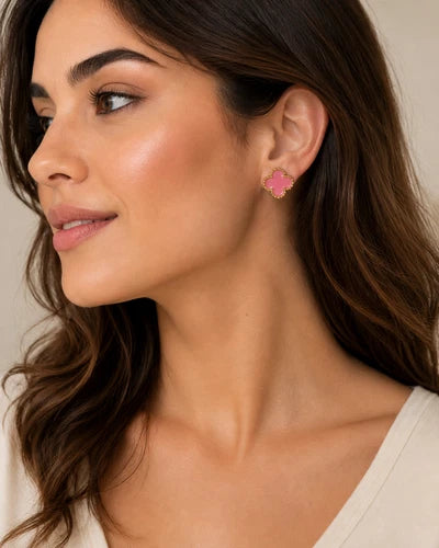 Pink Clover Stud Earrings Gold Tone Four Leaf Floral Fashion Jewelry