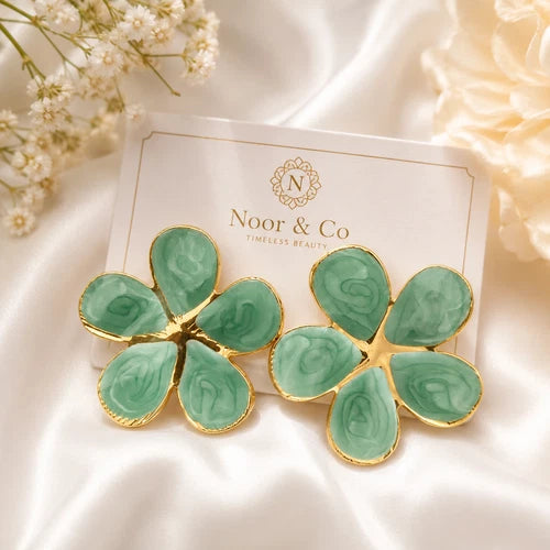 Flower Stud Earrings Gold Tone – Black, White & Mint Green