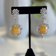 Yellow Stone CZ Silver Tone Drop Earrings Pakistani Indian Statement Jewelry