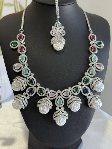 Multicolor CZ Pearl Necklace Earrings Tikka Set Silver Tone Jewelry