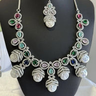 Multicolor CZ Pearl Necklace Earrings Tikka Set Silver Tone Jewelry
