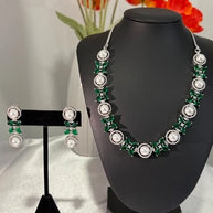 Emerald Green Pearl CZ Silver Tone Necklace Earrings Set