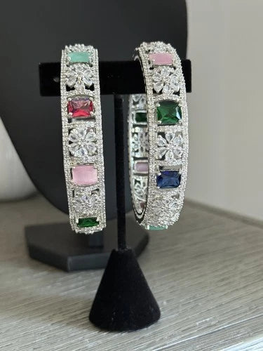 Multicolor CZ Silver Tone Bangle Bracelet Set of 2 Indian Pakistani Jewelry 2.10