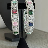 Multicolor CZ Silver Tone Bangle Bracelet Set of 2 Indian Pakistani Jewelry 2.10
