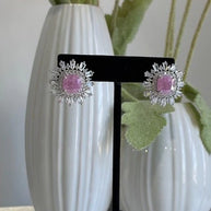 Pink Stone CZ Silver Tone Halo Stud Earrings Pakistani Indian Jewelry