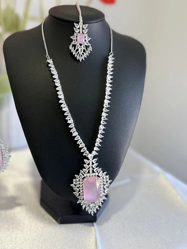 Pink CZ Necklace Earrings Tikka Set Silver Tone Pakistani Indian Jewelry