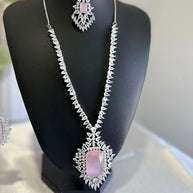Pink CZ Necklace Earrings Tikka Set Silver Tone Pakistani Indian Jewelry