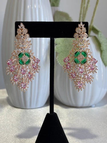 Green Pink CZ Gold Tone Chandelier Earrings Pakistani Indian Bridal Jewelry