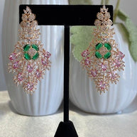 Green Pink CZ Gold Tone Chandelier Earrings Pakistani Indian Bridal Jewelry