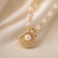 Gold Tone Seashell Pendant Necklace Pearl Look Beaded Chain Sparkling Jewelry