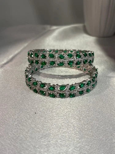 Emerald Green Silver Tone CZ Bangle Set Indian Pakistani Bridal Jewelry