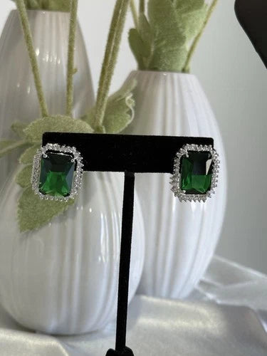 Emerald Green CZ Rectangle Stud Earrings Silver Tone Party Jewelry