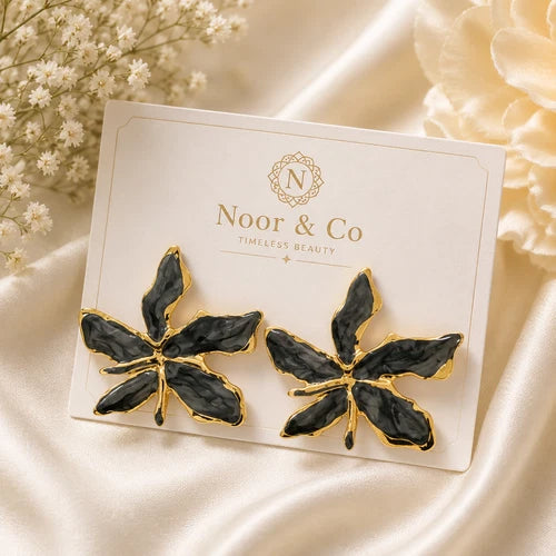 Floral Statement Stud Earrings Gold Tone – Black or Green