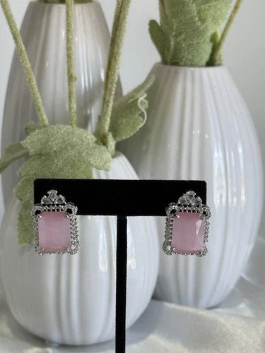 Baby Pink CZ Rectangle Stud Earrings Silver Tone Party Jewelry