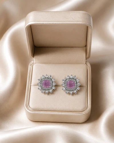 Pink Stone CZ Silver Tone Halo Stud Earrings Pakistani Indian Jewelry