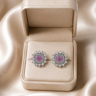 Pink Stone CZ Silver Tone Halo Stud Earrings Pakistani Indian Jewelry