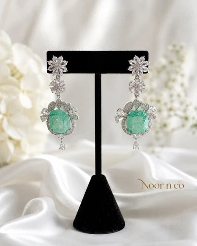 Mint Green CZ Silver Tone Drop Earrings Pakistani Indian Statement Jewelry