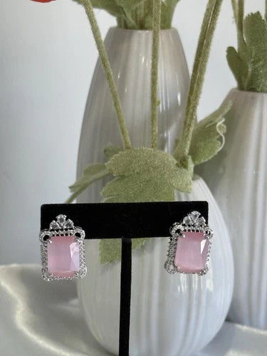 Baby Pink CZ Rectangle Stud Earrings Silver Tone Party Jewelry