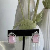 Baby Pink CZ Rectangle Stud Earrings Silver Tone Party Jewelry