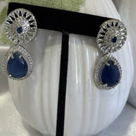 Sapphire Blue CZ Teardrop Earrings Silver Tone Party Jewelry