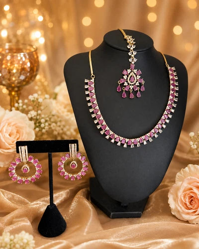 Pink CZ Gold Tone Necklace Earrings Tikka Set Indian Pakistani Bridal Jewelry