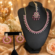 Pink CZ Gold Tone Necklace Earrings Tikka Set Indian Pakistani Bridal Jewelry