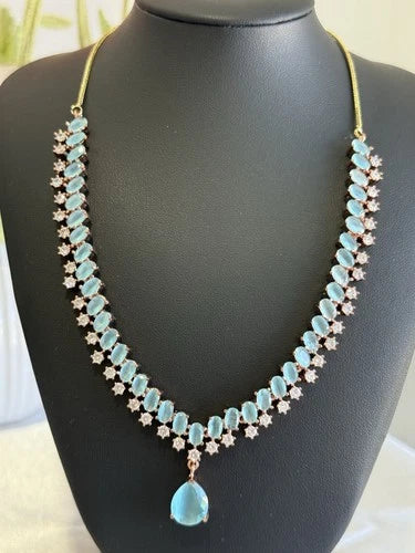 Aqua Blue Crystal Necklace & Earrings Set Rose Gold Tone Jewelry