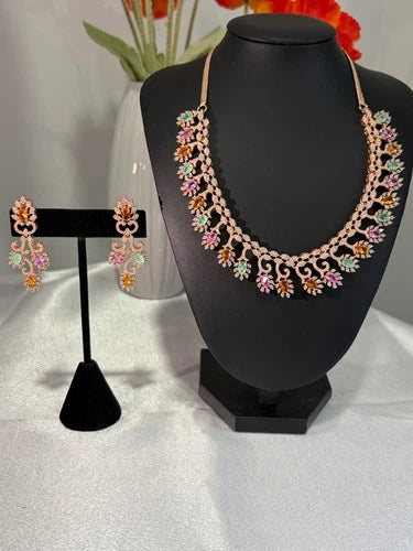 Rose Gold Multicolor CZ Necklace Earrings Set Indian Pakistani Bridal Jewelry