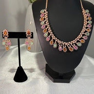 Rose Gold Multicolor CZ Necklace Earrings Set Indian Pakistani Bridal Jewelry