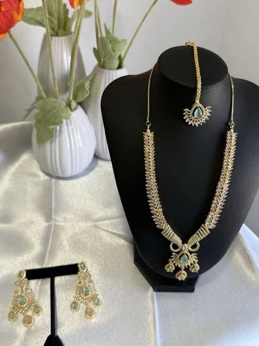 Gold Tone Mint Pink CZ Necklace Earrings Tikka Pakistani Jewelry Set