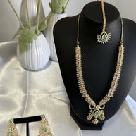 Gold Tone Mint Pink CZ Necklace Earrings Tikka Pakistani Jewelry Set
